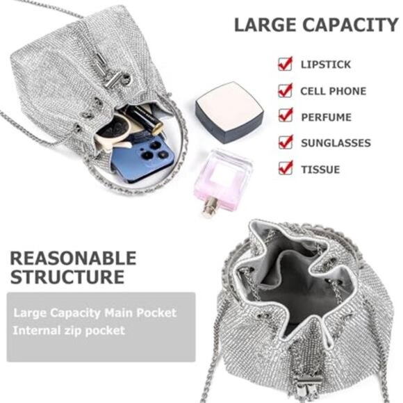 Crystal Rhinestone Evening Bag Tassel Drawstring Party Wedding Sparkle Purse